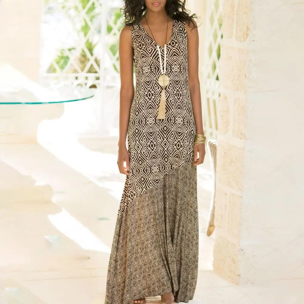 Robe imprimée géométrique Femmes Vintage Bohemian Sling Robe Sans manches V couche large Hémbe robe lâche robe plage robe femelle décontractée 24