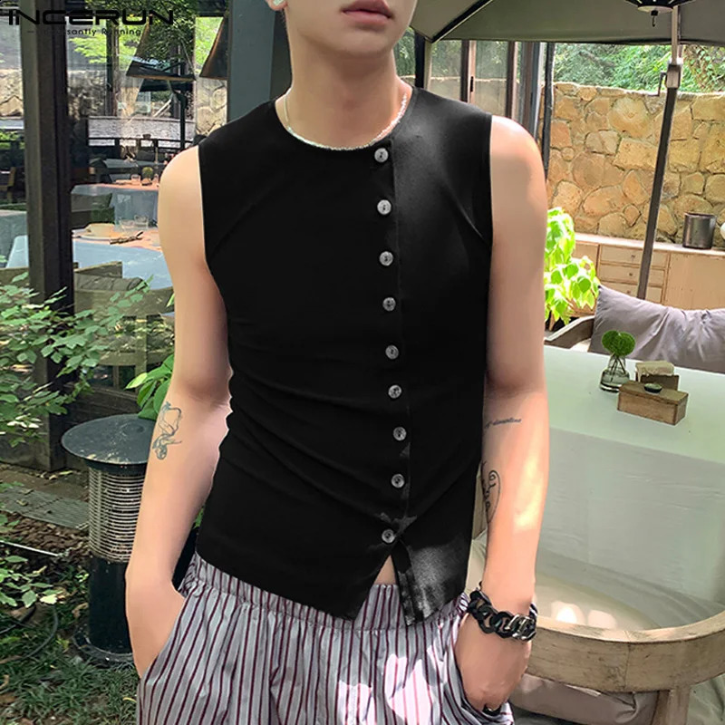 INCERUN Men Tank Tops Solid Color O-neck Sleeveless Button Casual Male Vests Streetwear Summer Fashion Men Clothing S-5XL 240810