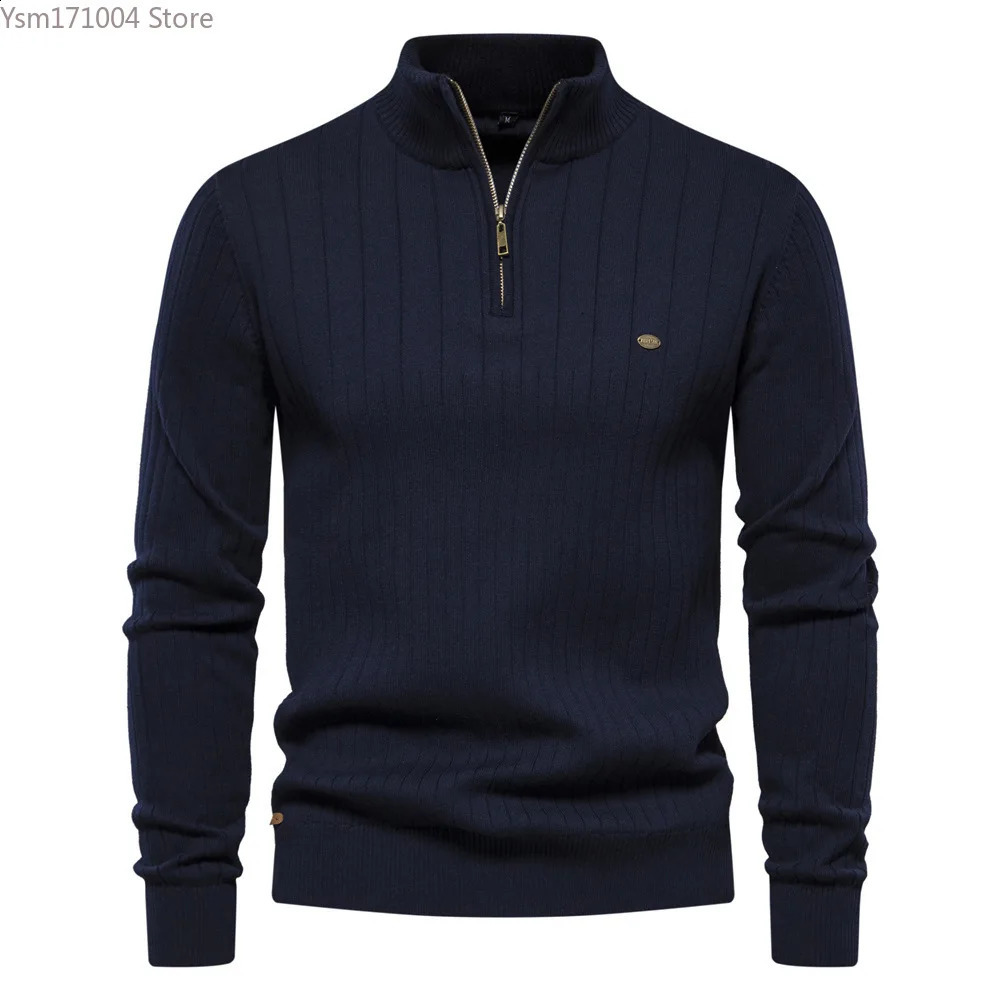 Autumn Winter Mens Sweater Half High Neck Zipper Solid Long Sleeve Pullover British Fashion Casual Men Knit XXL 240810