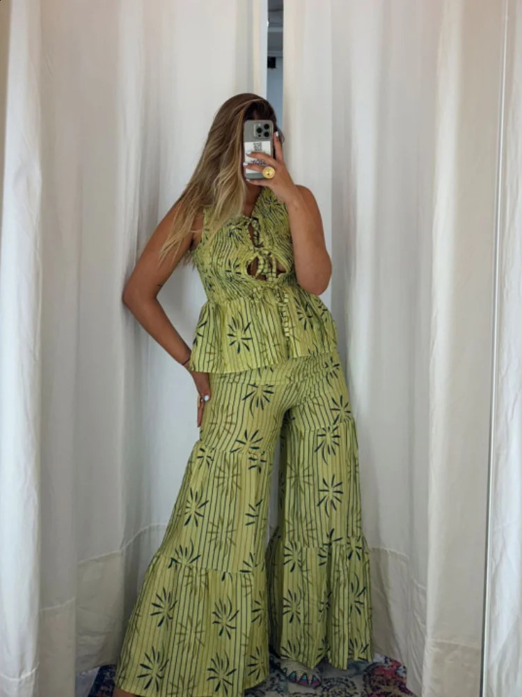 Elegant Hollow Lace Up Womens Flared Hem Top Set Casual Fashion Spliced Wide Leg Pleated Pants Suit Lady Chic Streetwear 2024 240810