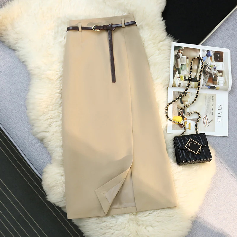 Suit zipper skirt women 2024 spring and summer mediumlength highwaist straighttube drape slim aline slit hip 240810