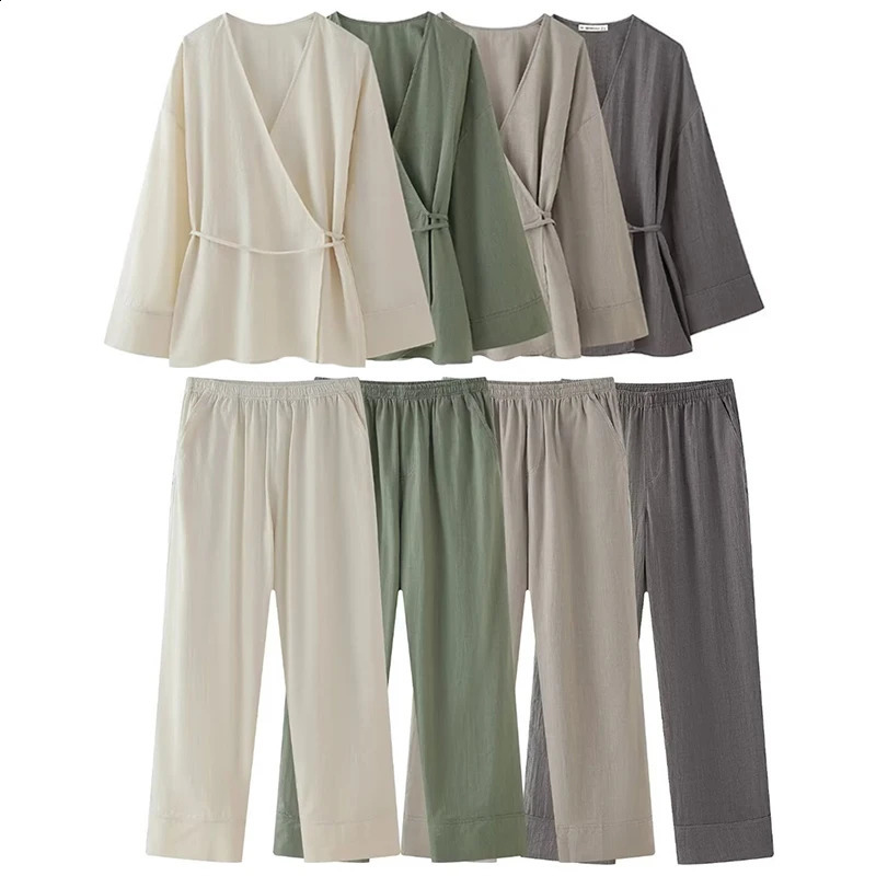 Womens Set 2024 Fashion Female Trousers Spring Summer Double Placket Kimono Style Top for Women Casual Chic Suit 240810