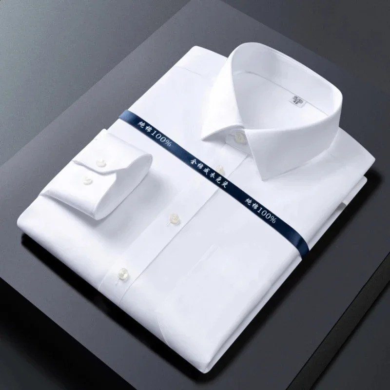 High Quality 100% Cotton Men Dress Long Sleeve Shirt Solid Male Regular Fit Stripe Business Social Shirt White S-4XL 240810