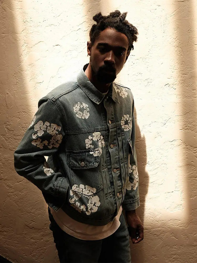 Mens Solid Graffiti Loose Denim Jackets Casual Fashion Lapel Long Sleeved Outerwear 2024 Autumn Male High Quality Street Coat 240809