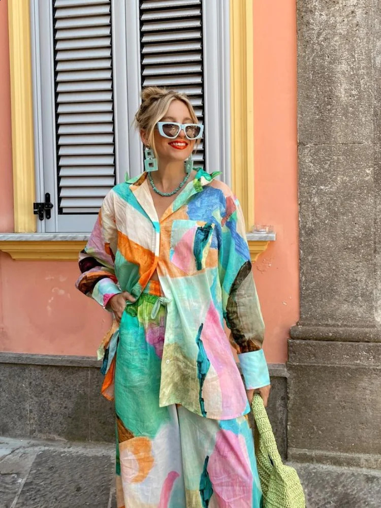 Women Printed Casual Pants Set Lapel Long Sleeve Shirt Suit Female 2024 Elastic Waist Summer Spring Holiday Outfits 240810