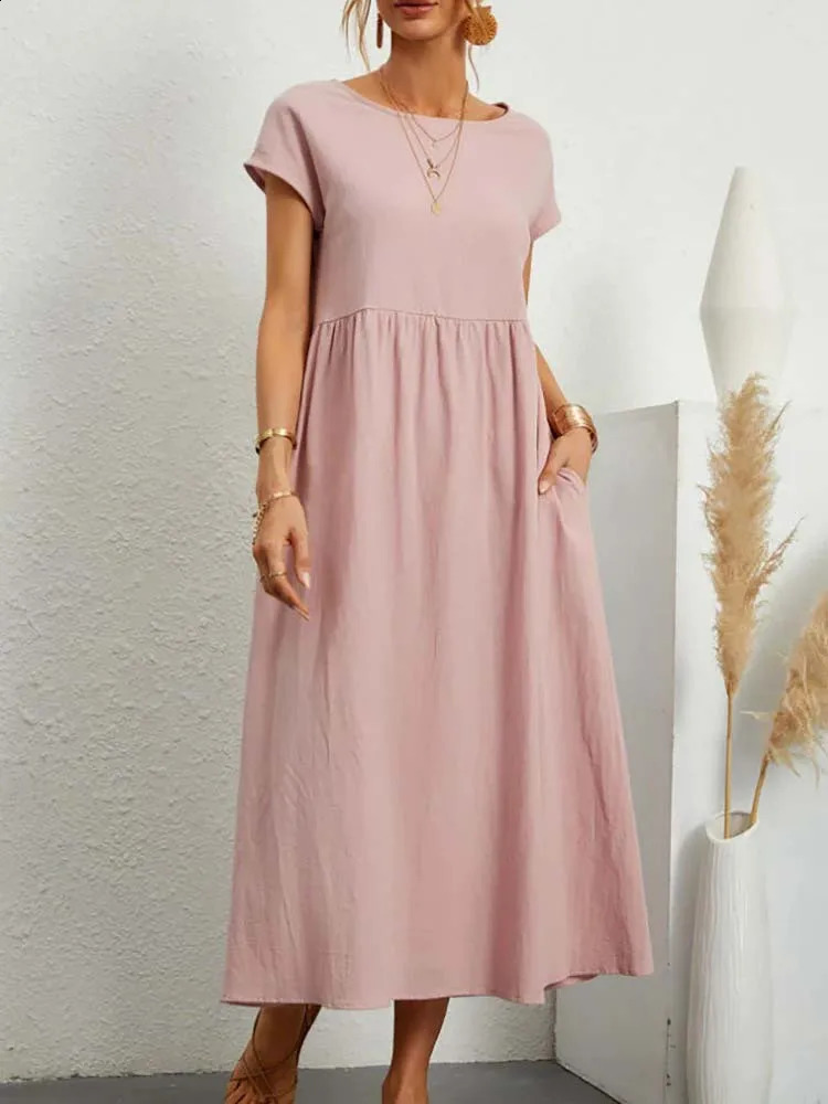Femmes Robe en lin en coton solide poche à collier court à manches courtes à manches élégantes d'été commutations de trajet de voyage Street Wome