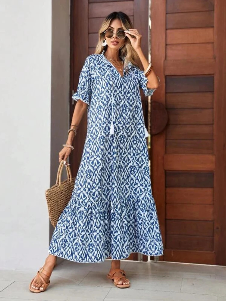 Fashion Womens Flower Print Pattern V-Neck en dentelle Decoration Style de vacances tissé lâche Robe longue 240810