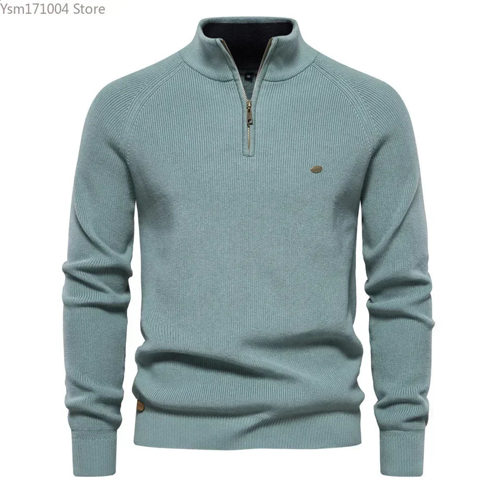 Mens Sweater Half High Neck Zipper Solid Elastic Slim Fit Long Sleeve Pullover Casual Business Men Knitted 240810