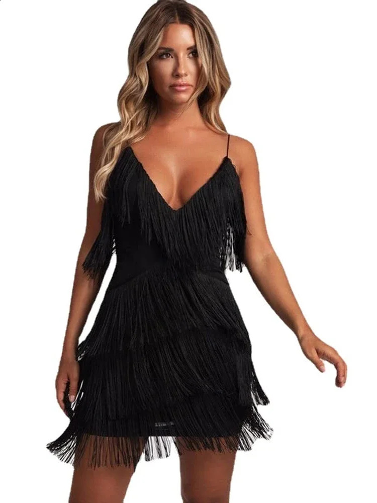 Femmes sexy profonde en V Spaghetti Spaghetti Fringe bodycon Mini robe tassels 1920S Gatsby Cocktail Latin Club Party Robes 240810