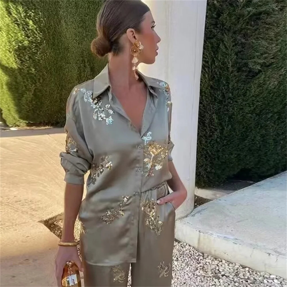 European And American Style Spring Summer 2024 Womens Fashion Casual Sequin Long Sleeved Shirt Pants Set 240810