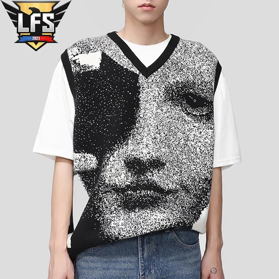 Hip Hop V-Neck Knitted Sweaters Vests Mens Harajuku Facial Printed Waistcoat Streetwear Casual Loose Y2K Pullovers Couples Black 240810