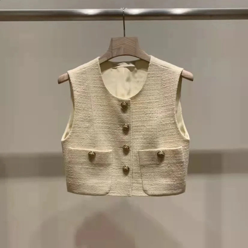 Spring Autumn Tweed Vest Elegant Fashion Short Single Breasted Cardigan Women Korean Casual Loose Sleeveless Coat 240810