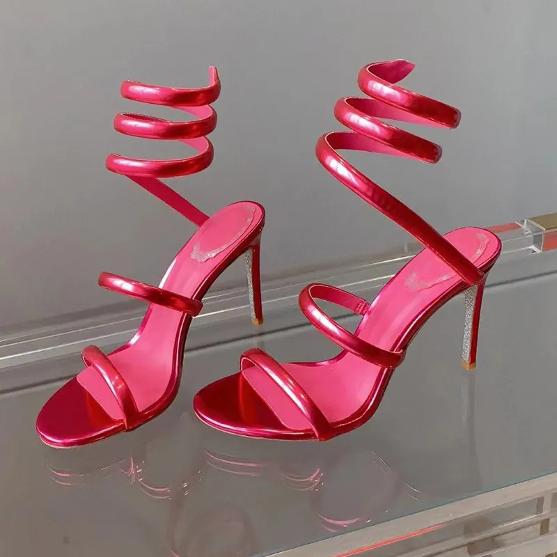 Cleo Red Mirror Sandal 95mm Designers Ankle Snake Strass chandelier heels Wraparound women Stiletto Heel Evening shoes Party dress shoes With box-image-900685868