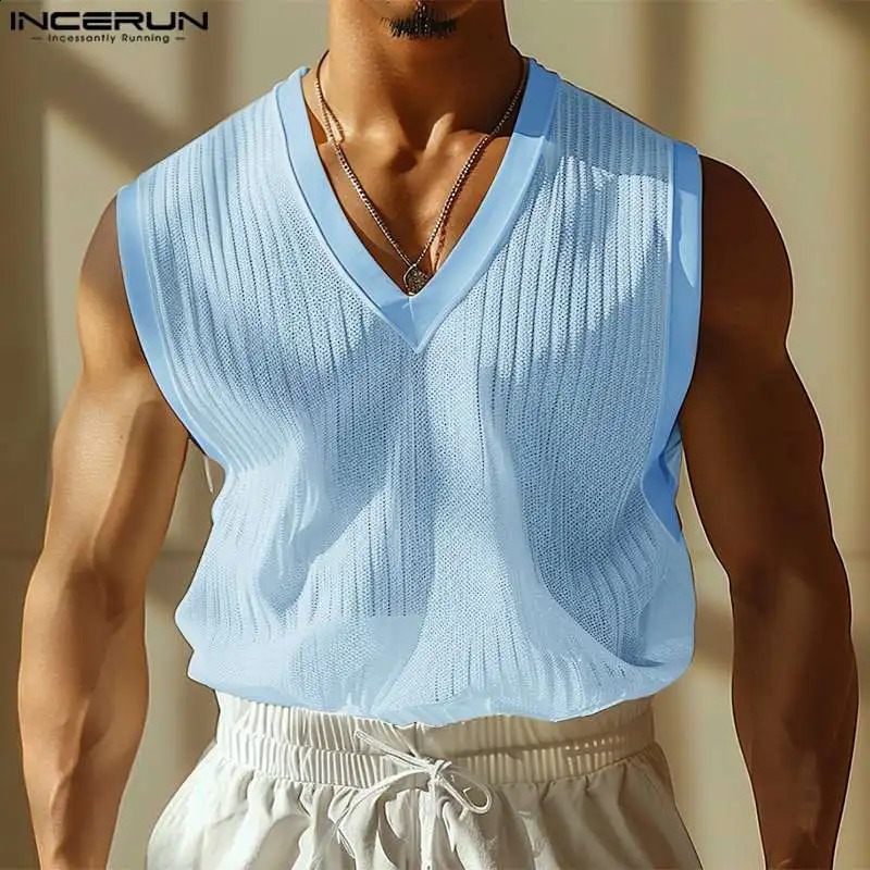 INCERUN Korean Style Fashion Mens V-neck Striped Slightly Transparent Vests Summer Casual Male Sleeveless Tank Tops S-5XL 240810
