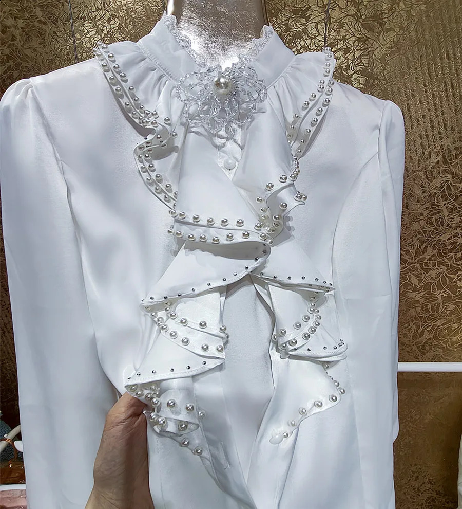 Camisas De Mujer Womens Beaded Ruffle Shirt and Spring Long Sleeve Single Chest White Top Blue 240810