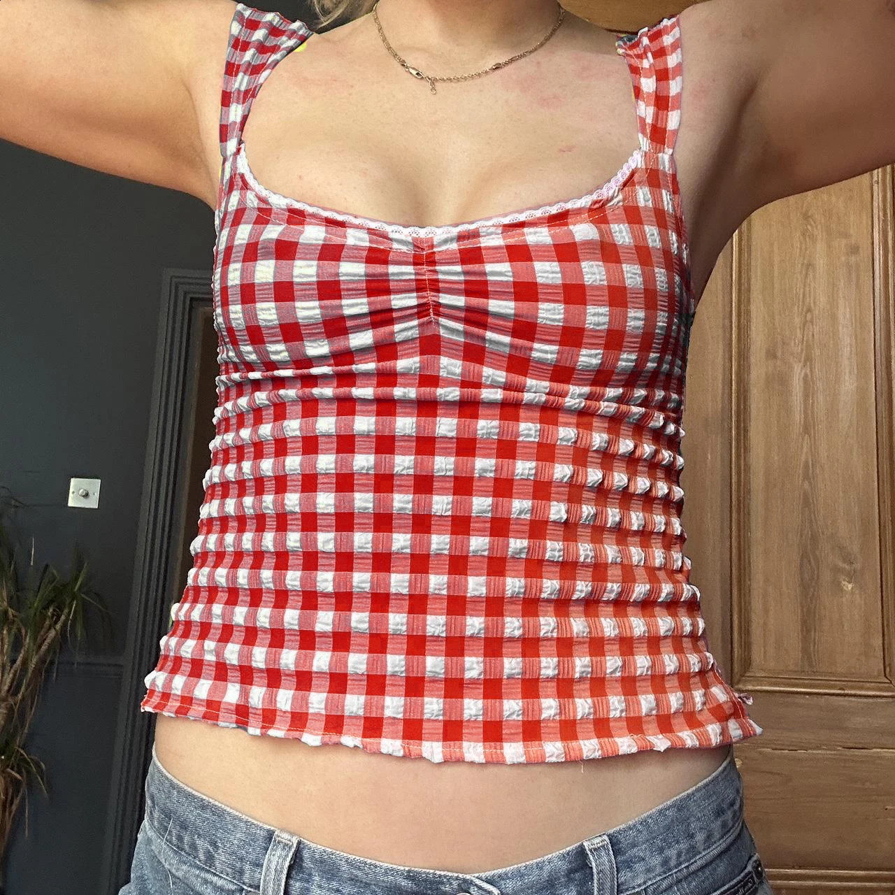 Gaono Women Y2K Tank Top Spaghetti Strap Checkered Lace Trim Square Neck Camisole Plaid Backless Slim Fit Cami Tops 240810
