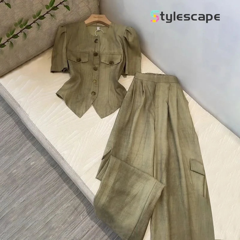 Fashionable Socialite Womens Stylish Irregular Bubble Sleeve Top Cardigan Wide Leg Pants Casual Suit Twopiece Set for Woman 240810