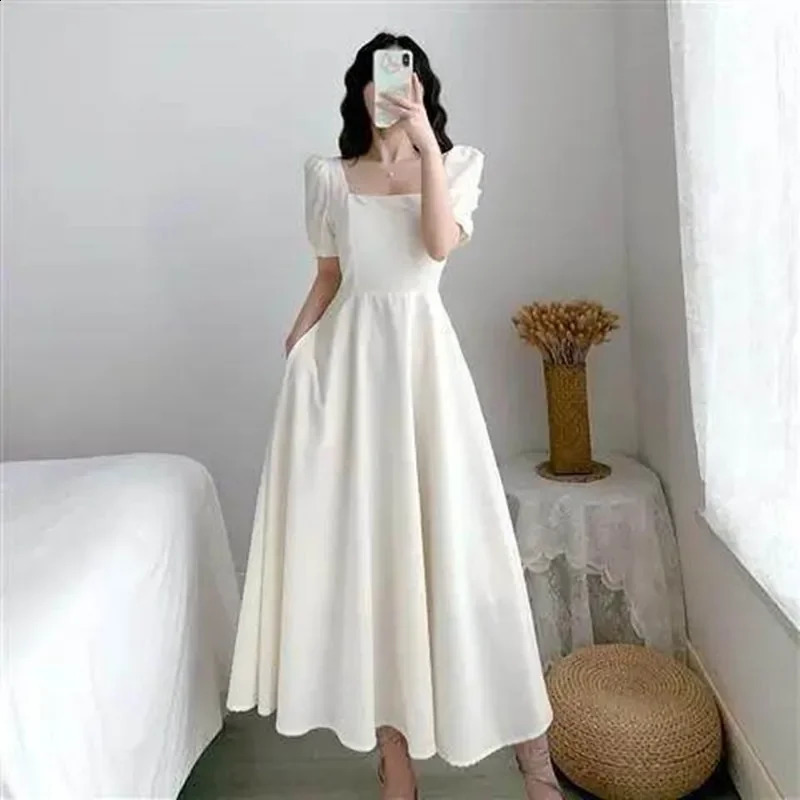 Elegant White Puff Sleeve Square Collar Dress Womens Waist-fitted Long Dress Slimming Effect Summer 240810