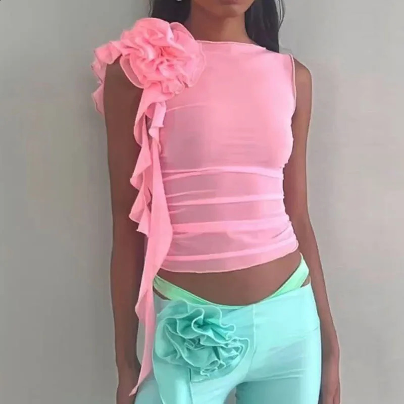 Y2K Ruffles Floral Mesh Sheer Tank Tops Sexy Club Party Perspective Sleeveless Vest Chic Women See Through Slim Fit Crop Top 240810