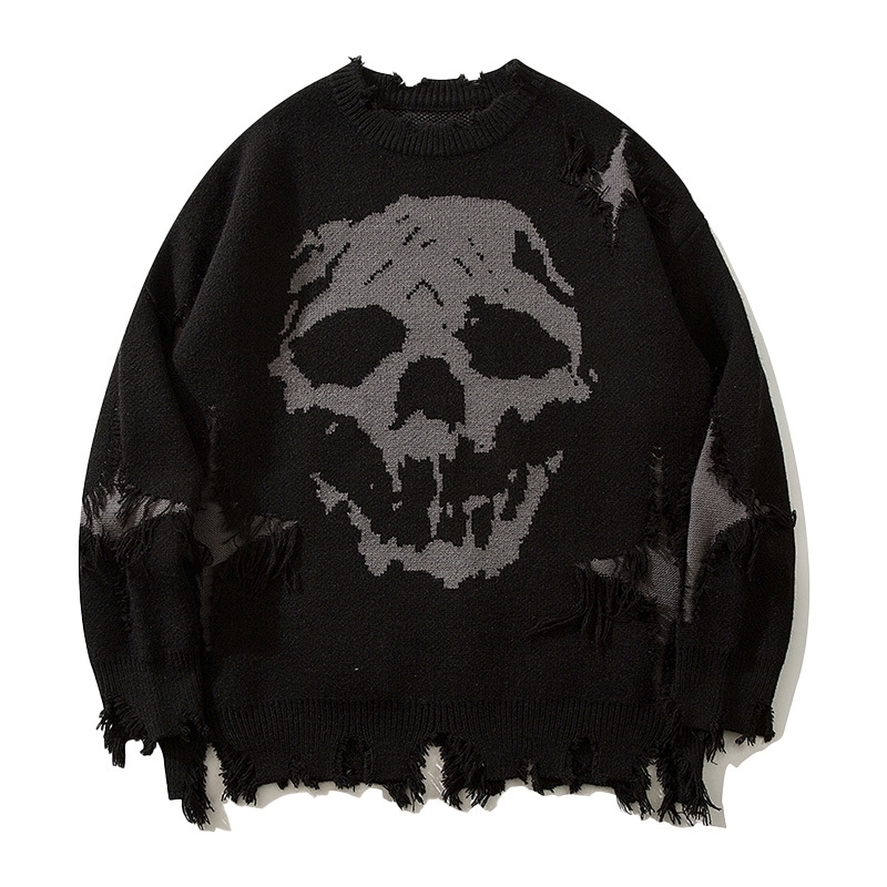 Womens fashionable skull pattern knitted and pulled casual breathable long sleeved crew neck top suitable for hanging on urban pedestrian streets 24