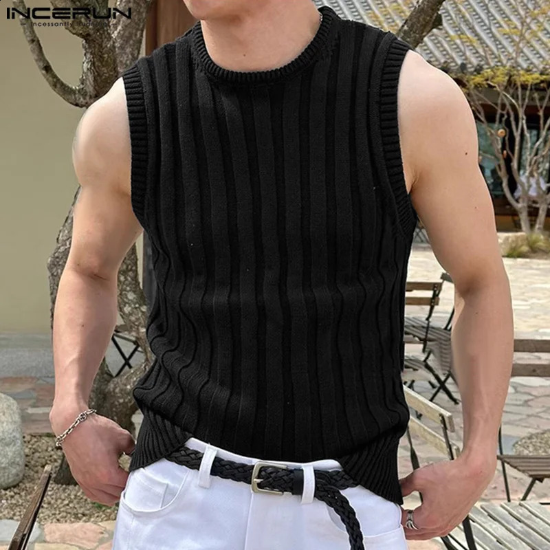 INCERUN Tops Korean Style Mens Solid Color Knitted Thick Pit Tank Tops Casual Streetwear Male Simple O-neck Vests S-5XL 240810