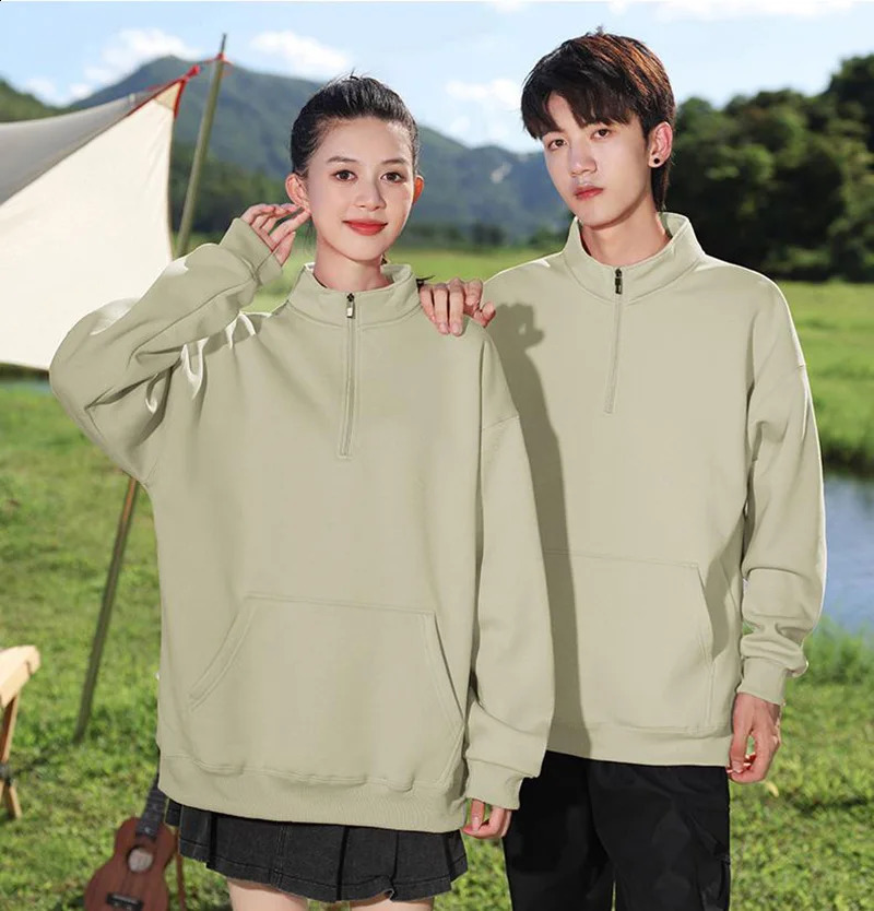 Quarter Zip Winter Sweatshirt Long Sleeve Thick Drop Shoulder Loose SweatShirt Without Hood Solid Color Plain Custom Tops 240810