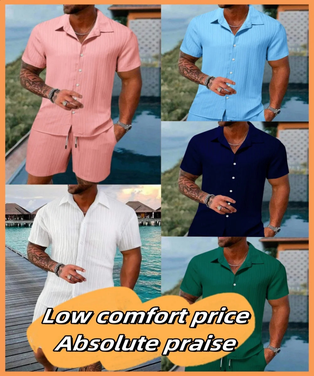 Mens summer fashion explosion retro lapel short sleeve beach striped shirt set casual solid color fashion cardigan mens wear 240810
