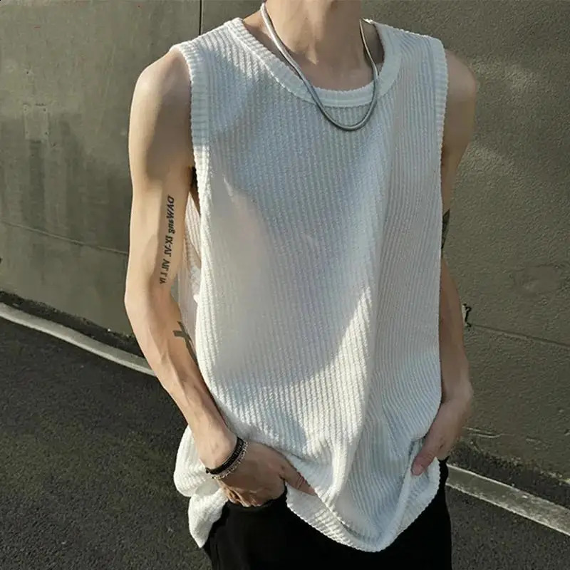 Summer Mens Vintage Pullover O-Neck Patchwork Screw Thread Solid Color Comfortable Loose Casual Sleeveless Vest Tops 240810
