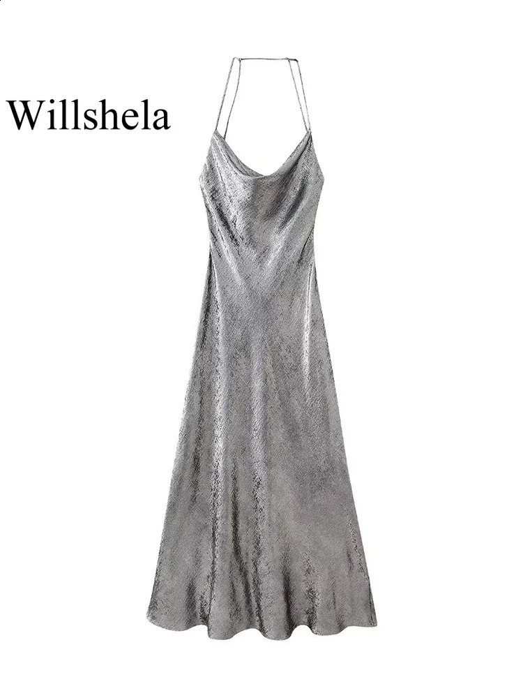 Willshela femmes mode satin argent backless zipper robe midi mi-licolaire cols swing cols femelle dame chic robes 240810