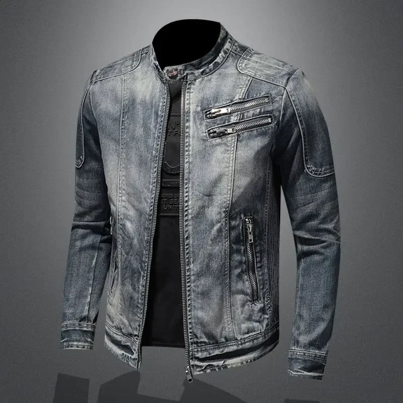 mens denim jacket trendy retro fashion casual stand-up collar zipper jacket handsome riding biker clothing denim tops 240810
