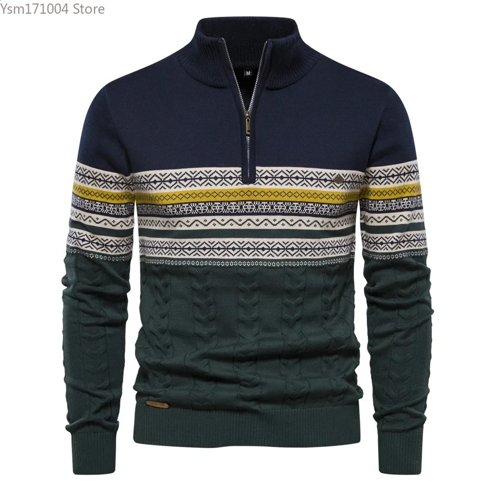 Mens Sweater Half High Neck Elastic Tight and Warm Knitted Pullover Casual Fashion Street Striped Men Clothing 240810
