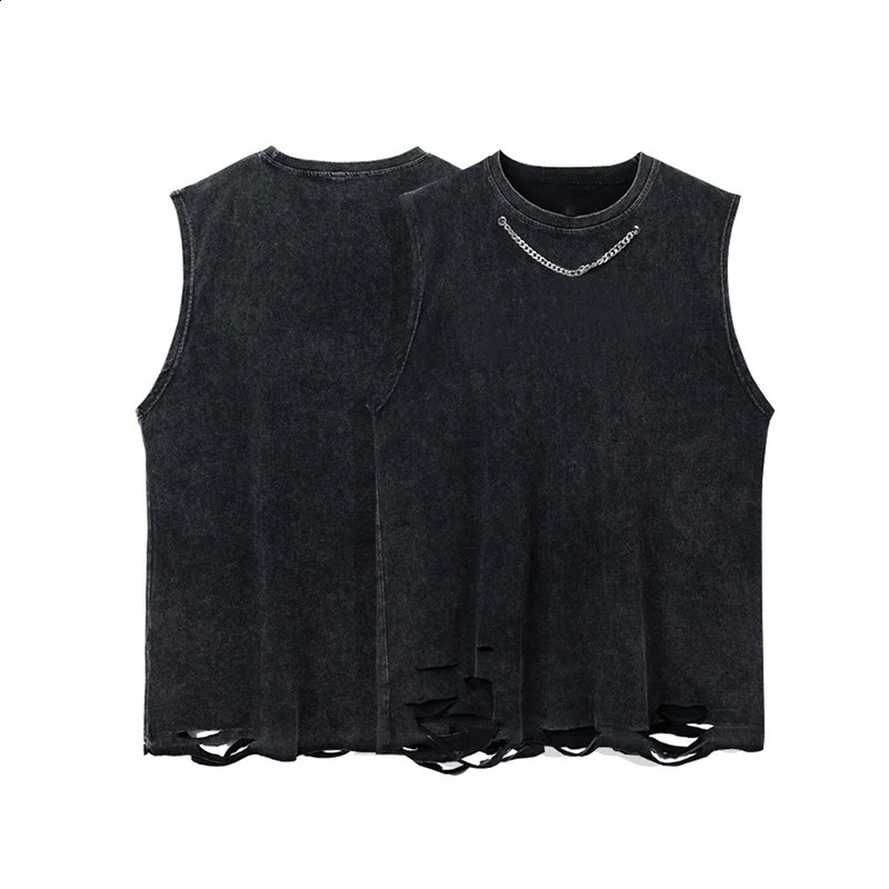Summer Vintage Mens and Womens Vest Cotton Washed Tank Tops with Chain Streetwear Solid Color Sleeveless T-Shirts Casual Tops 240810
