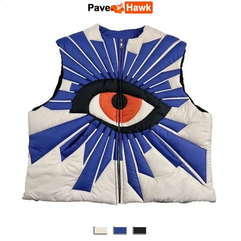 The Eye of Truth Patchwork Vest Jacket Men Women Hip Hop Winter Thicken Waistcoat Fashion Harajuku Y2k Padded Cotton Vest Unisex 240810