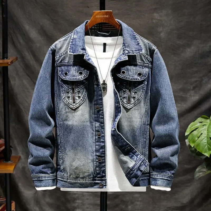2024 Retro Indentation Biker Denim Jacket Mens Fashion Splicing Scratch Longsleeved Nostalgia Clothing 240810
