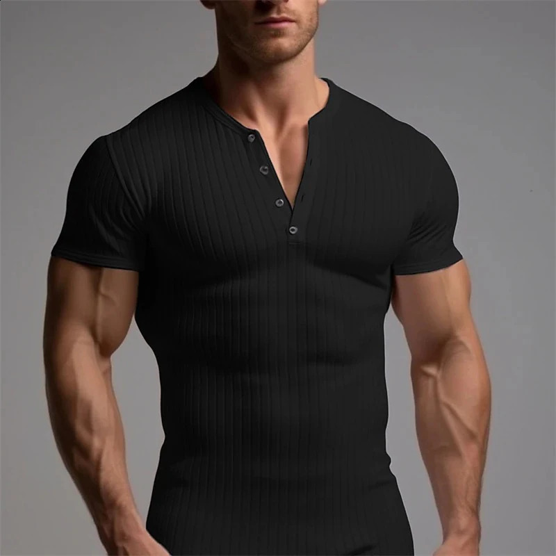 Casual Ribbed Solid Color Mens T-shirts Leisure O Neck Button Short Sleeve T Shirt Summer Men Sports Fashion Plain Tee Pullovers 240810