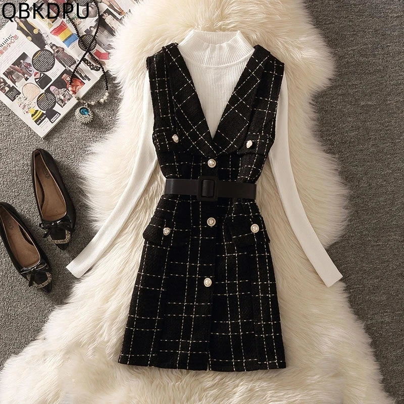 Vestes à gilet à tweed mince à carreaux Femmes Mid-longueur sans manchettes sans manches en tricot pull en 2 pièces