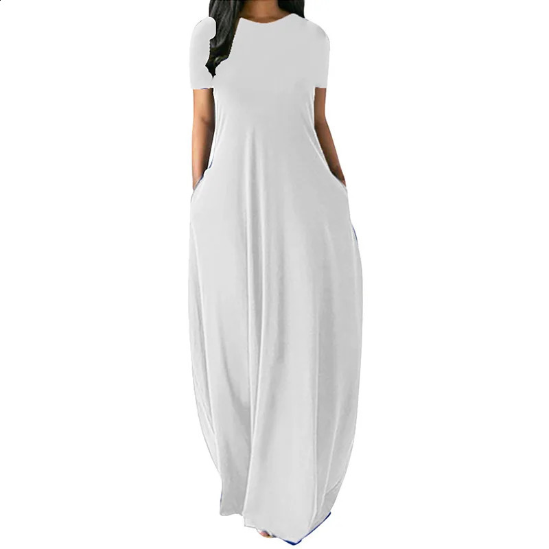 Women Oversize Casual Solid O-Neck Pockets Long Dress Summer Dress Female Plus Size Short Sleeve High Waist Maxi Dresses 240810