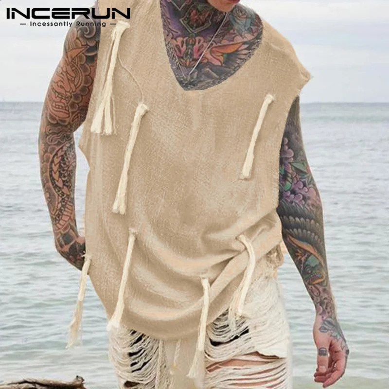 INCERUN Mens Tank Tops Patchwork V Neck Sleeveless Loose Men Clothing Summer Streetwear Vintage Casual Male Vests S-5XL 240810