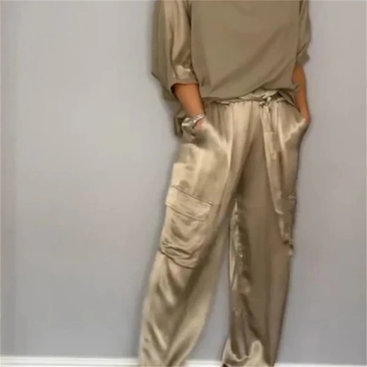 Elegant Satin Two Piece Set Women Outfits Spring Summer Casual Solid O Neck Shirt Long Pants Tracksuit Fashion Female Loose Suit 240810