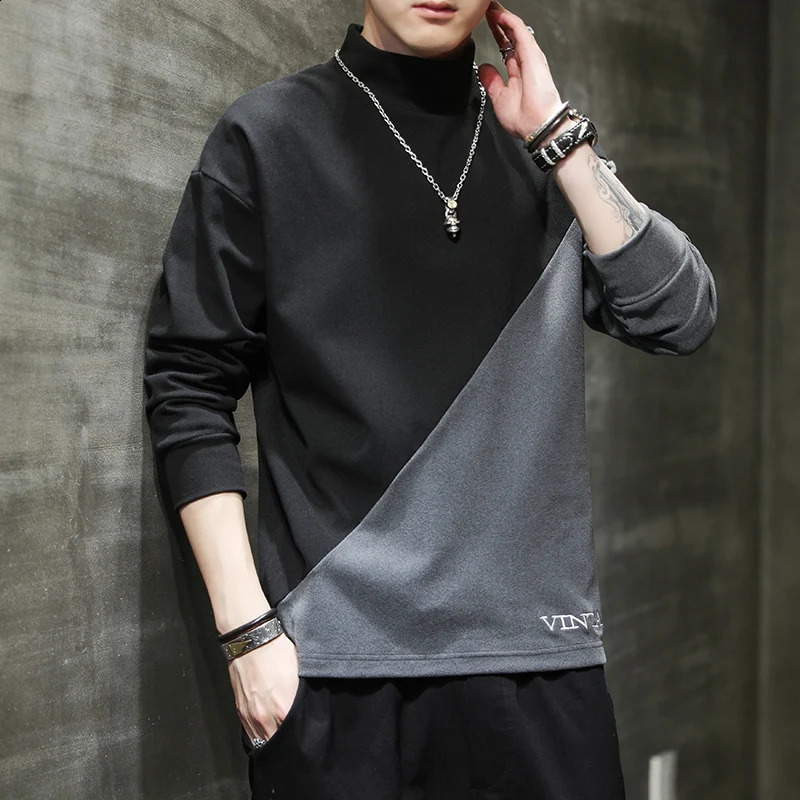 Casual Half High Collar Sweatshirts Mens Clothing Stylish Contrasting Colors Spliced Spring Autumn Letter Embroidery Pullovers 240810