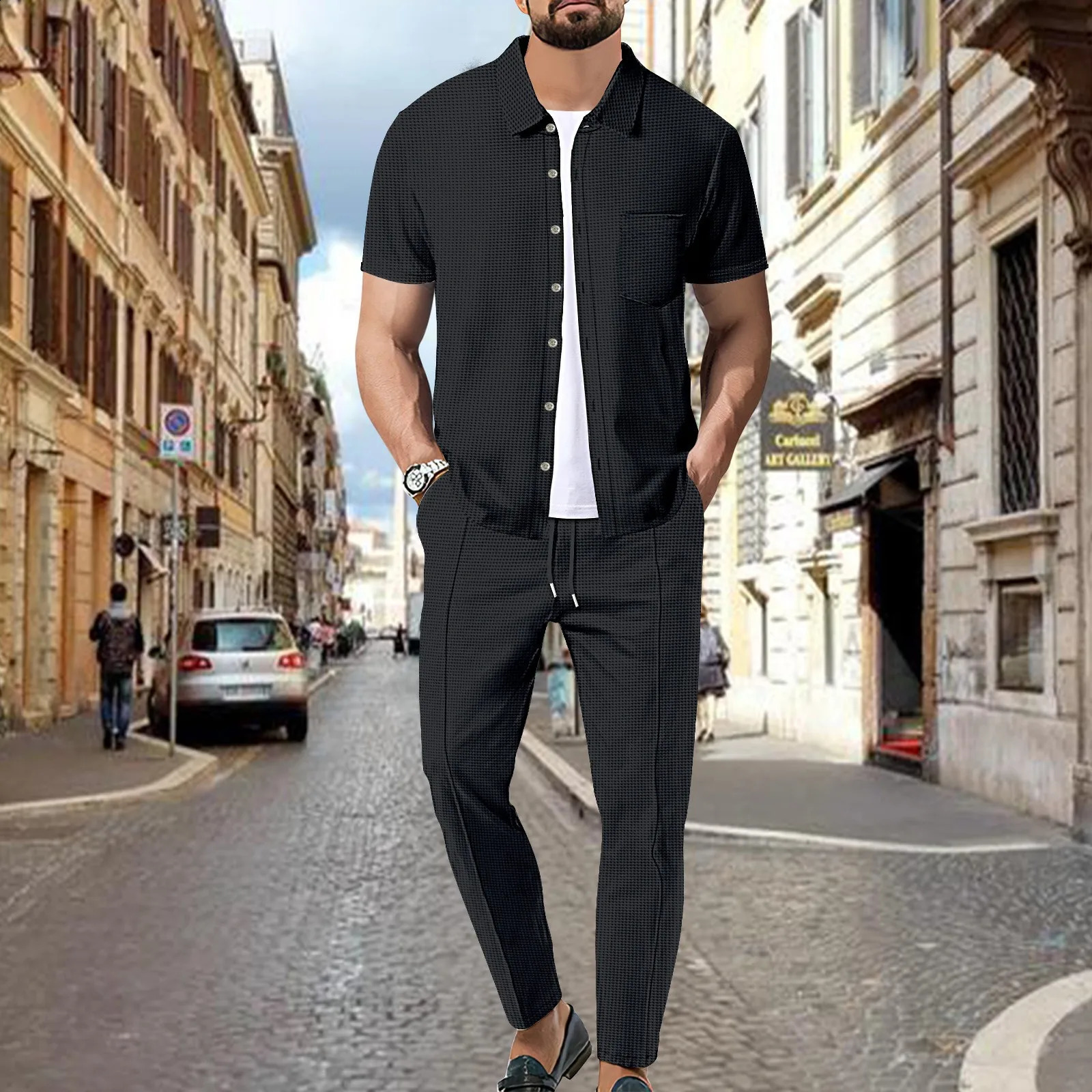 Summer casual short sleeved pocket top waffle daily cardigan and lapel two-piece set240810