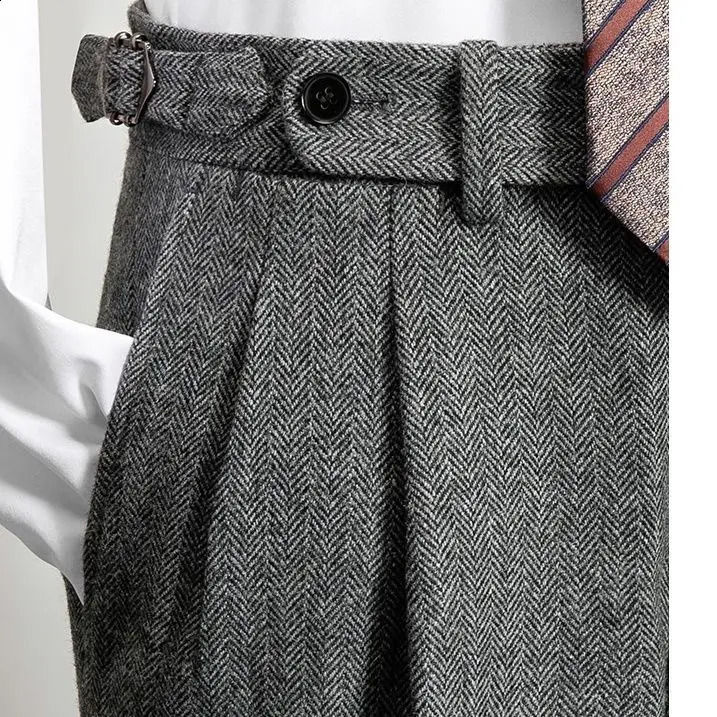 Mens Autumn Winter High Waist Woolen Trousers Male Tweed Business Casual Pants Men Long Formal Straight Pants H336 240810