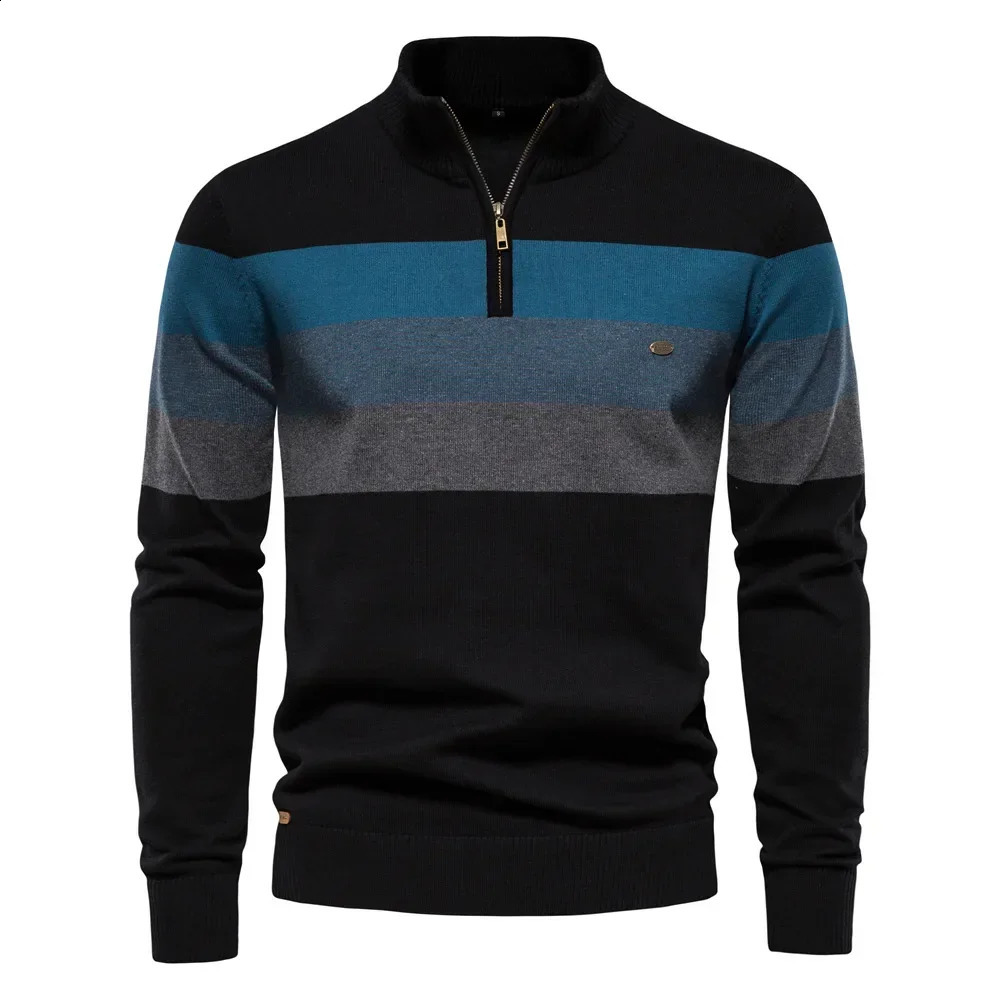 Autumn Winter Mens Sweater Half High Collar Color Matching Stripe Pullover Highquality Male Business Casual Knitwear Sweaters 240810