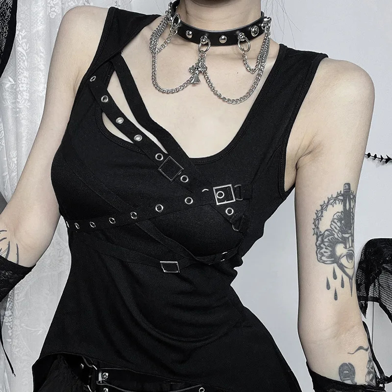 Gothic Vintage Womens Punk Sleeveless Black Tank Top Y2k Retro Personality Casual Slim Sexy Women Vest Tees Streetwear 240810