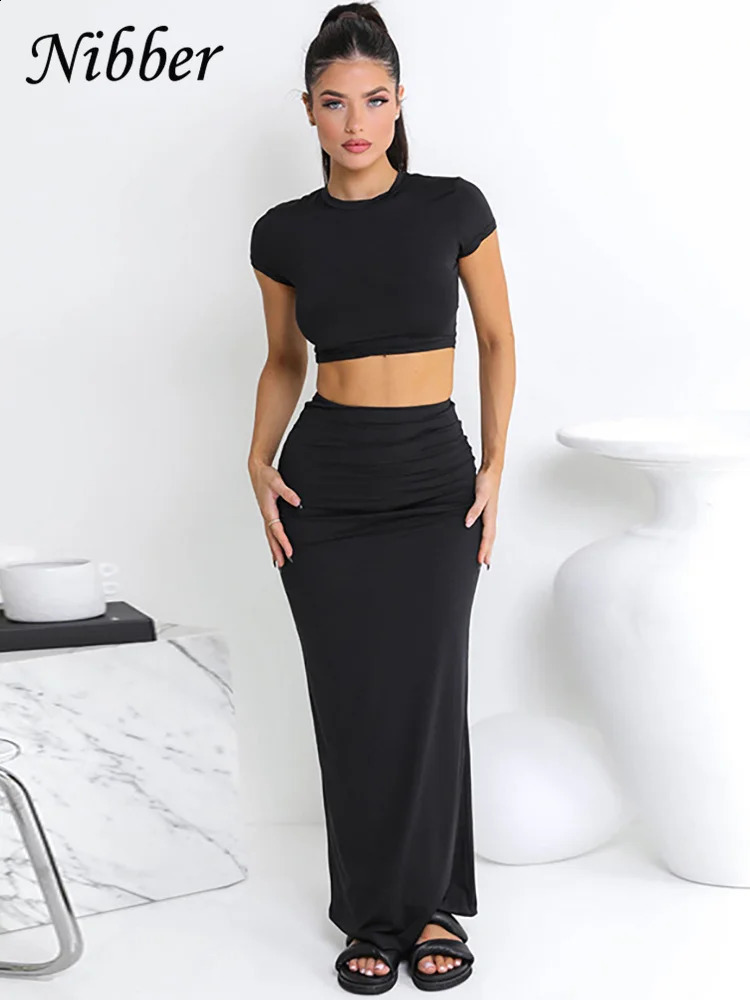 Nibber Basic 2 Piece Set Women Tracksuit Hipster Solid Casual Short Sleeve O-neck T-shirtsMatching Hip Skirt Bare Midriff Suit 240810