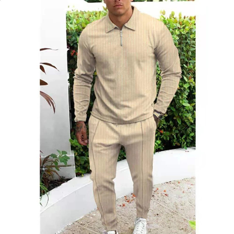 Fashion fitness jogging set S-3XL mens two-piece set long sleeved zipper polo shirt mens casual striped printed sports shirt240810