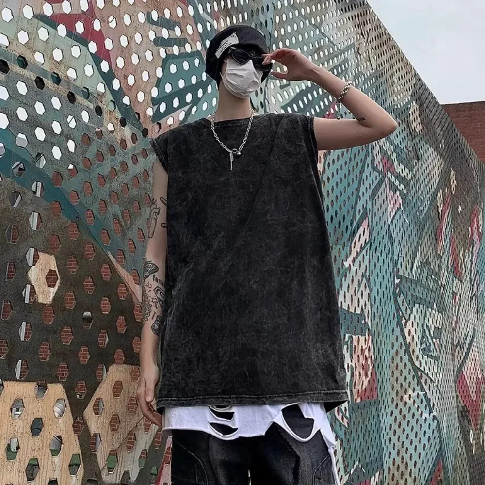 230gsm Cotton Distressed Casual Sports Vest Summer American Retro O-neck Solid Sleeveless T-shirt Unisex Fashion Loose Vests 240810