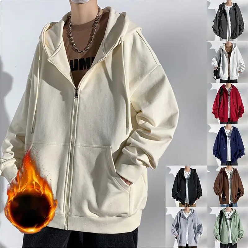 2024 autumn and winter warm wool hooded sweatshirt mens zipper jacket with hooded casual mens solid long sleeved super large hooded jacket240810