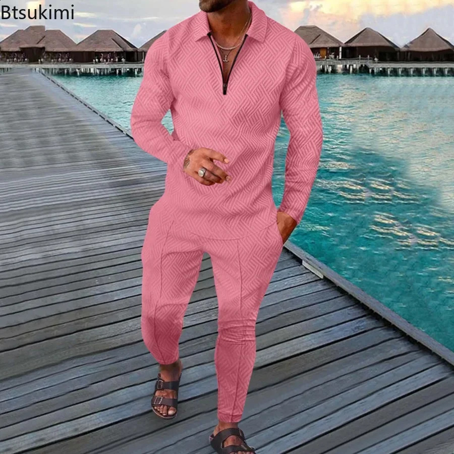 2014 Spring/Autumn Long Sleeve Polo ShirtSports Pants Set Mens V-neck Sports Shirt Mens Street Clothing Retro Clothing Set240810