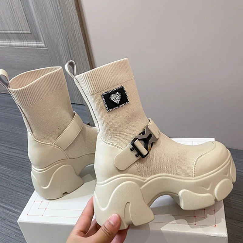 Ladies Platform Mid Boots Autumn and Winter High-sole Breathable Slip-on Knitted Elastic High-heeled Boots for Women 2024 240809